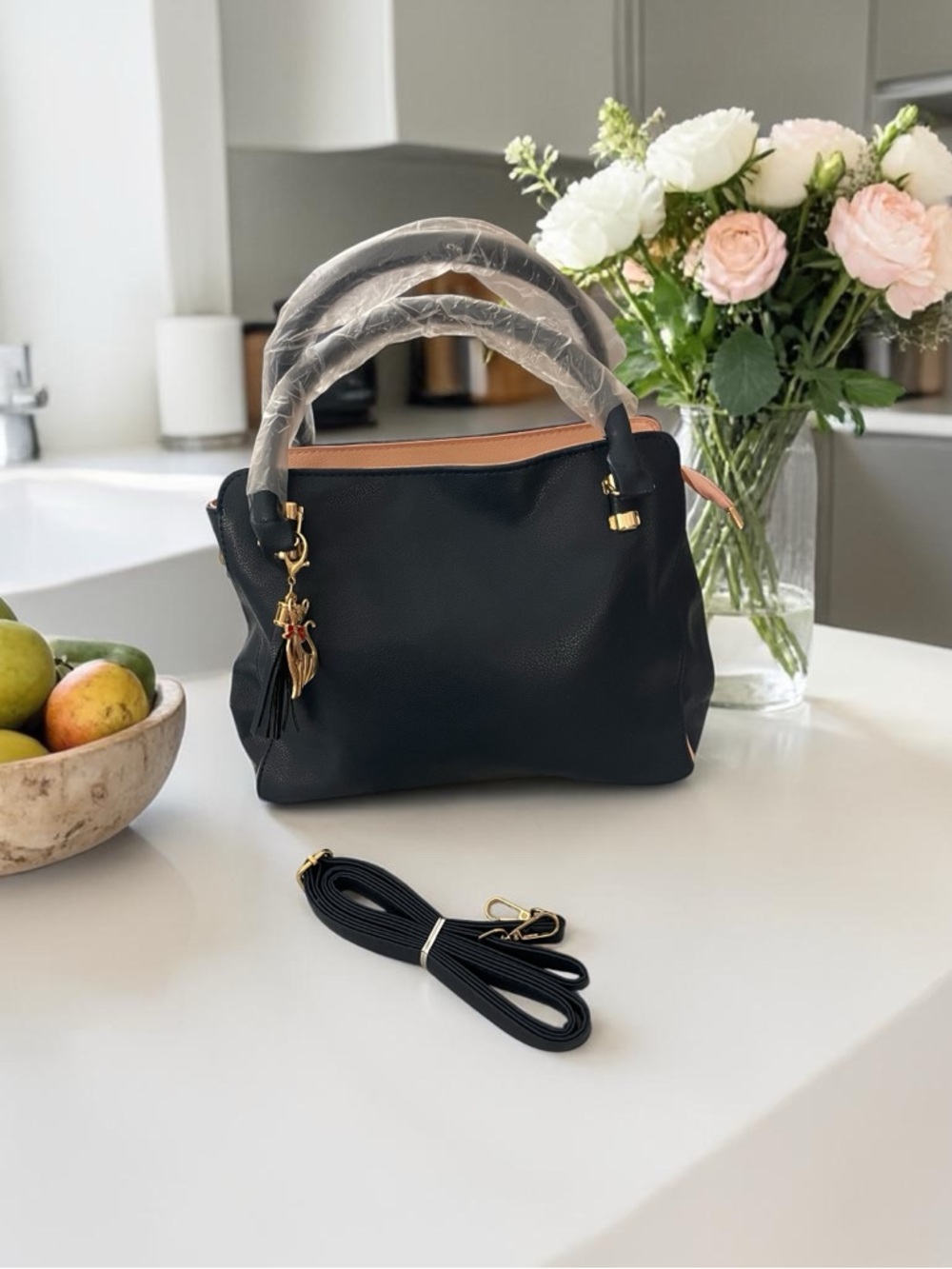 Navy Blue / Pink Women’s Leather Tote with Crossbody Strap - NWOT